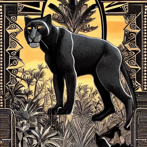 Image similar to artdeco illustration of one beautiful majestic black panther. beautiful. mysterious. intricately detailed. meticulously rendered. background is a jungle. epic skym hd. trending on art station. h 7 6 8