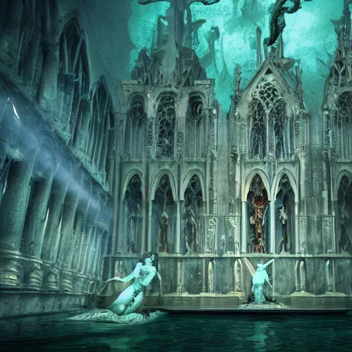 Prompt: an intricate photograph of an underwater gothic cathedral at the bottom of the ocean surrounded by mermaids by david lachapelle, francisco goya, william blake, dark and scary abyssal ambient, photorealistic, octane render, unreal engine, 4 k, smooth zenithal lighting, subaquatic photography,