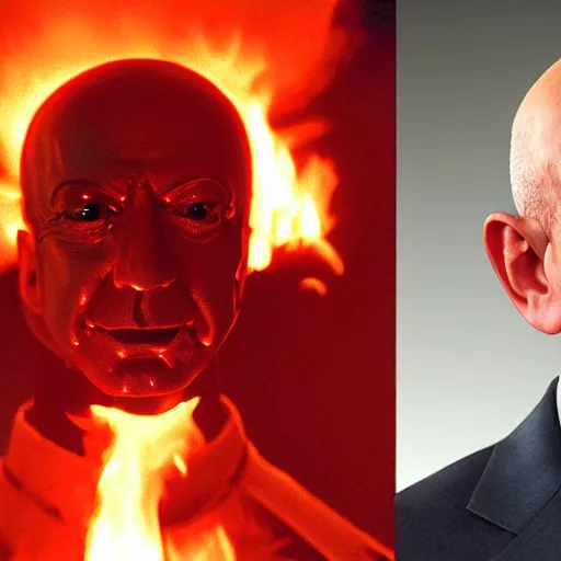 Prompt: Jeff Bezos as villain. Emperor, evil grin. Fire in the background. Detailed face. Red eyes.