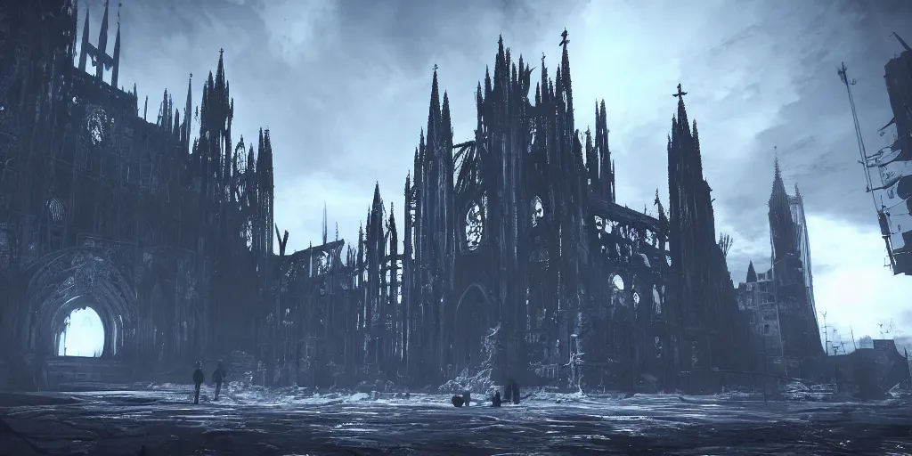 Image similar to grimdark tsutomu nihei aposimz gothic cathedral city, unreal engine, 8 k, ultra realistic, ultra detail