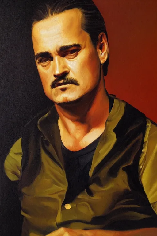 Image similar to a painting of Mike Patton, a portrait by René Auberjonois, cg society, socialist realism, studio portrait, oil on canvas, chiaroscuro