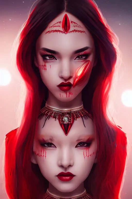 Image similar to beautiful fashion human looking alien in red saree,, in the style of artgerm, and wlop, chanel jewelry, cinematic lighting, hyperdetailed, 8 k realistic, symmetrical, global illumination, radiant light, love and mercy, frostbite 3 engine, cryengine, dof, trending on artstation, digital art, crepuscular ray