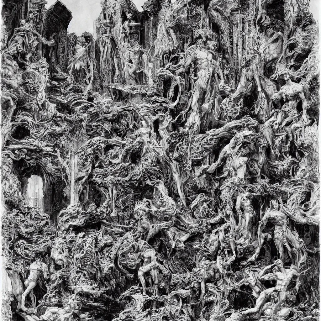 Image similar to extremely detailed illustration by bernie wrightson of a destroyed panteon with 7 statues of extint forgotten gods
