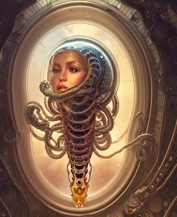 Prompt: intricate ornate opulent transparent clear see - through portrait of a cybernetic beautiful alien nautilus, mottled coloring, adorable, childlike, apocalyptic environment, ultra realistic, concept art, art nouveau, photorealistic, octane render, 8 k, unreal engine. art by christopher marley and artgerm and greg rutkowski and alphonse mucha