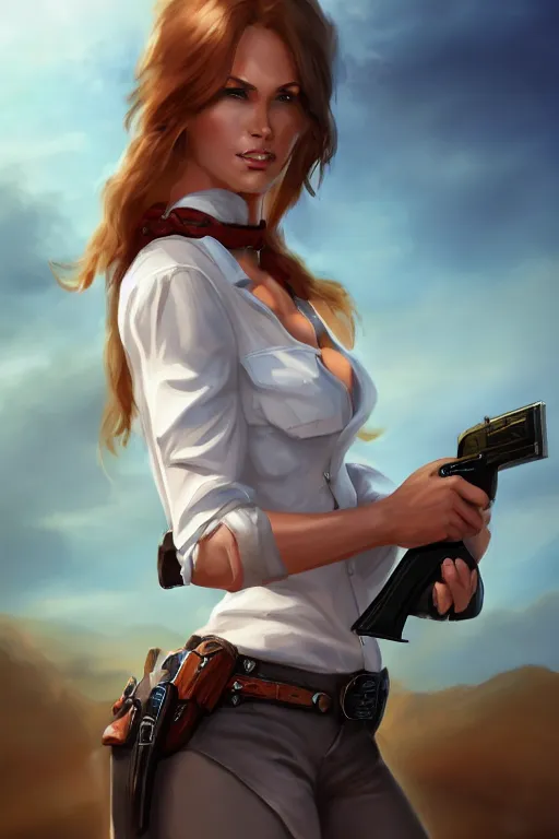Image similar to full body, female cowgirl, perfect face, white blouse, empty gun holster, 8 k, magic the gathering, desert, d & d, artstation, high detail, smooth, muscular