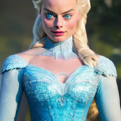 Prompt: Margot Robbie as Elsa in disney frozen live action, 8k full HD photo, cinematic lighting, anatomically correct, oscar award winning, action filled, correct eye placement,