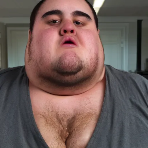 Prompt: smelly ugly obese man, close up to his wet face