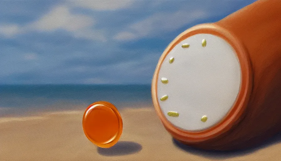 Image similar to an oil painting of an antibiotic pill at the beach, illustration, cinematic lighting, establishing shot