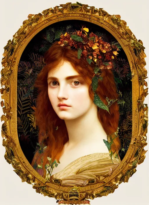 Image similar to masterpiece beautiful seductive flowing curves preraphaelite face portrait amongst leaves, extreme close up shot, straight bangs, thick set features, yellow ochre ornate medieval dress, magpie, amongst foliage mushroom forest circle arch framing, frederic leighton and kilian eng and rosetti, 4 k