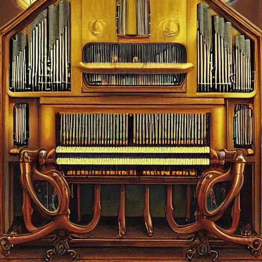 Image similar to tech noir pipe organ lp album art, intricate detail, mechanical, baroque oil painting by alan lee and jim burns, wild west architecture