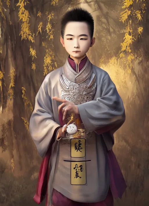 Image similar to full body portrait of a male daoshi wearing a daopao by wlop, wuxia, xianxia, daoshi, taoist priest, taoist master, doll, reflective metallic skin, daopao, taoist robe, noragi, realistic, anatomically accurate, fantasy illustration, artstation, wlop, hi - res, 4 k.