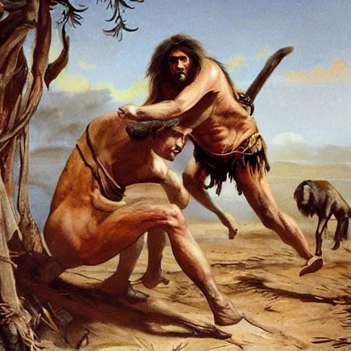 Image similar to historical picture war between homo sapien and neanderthal