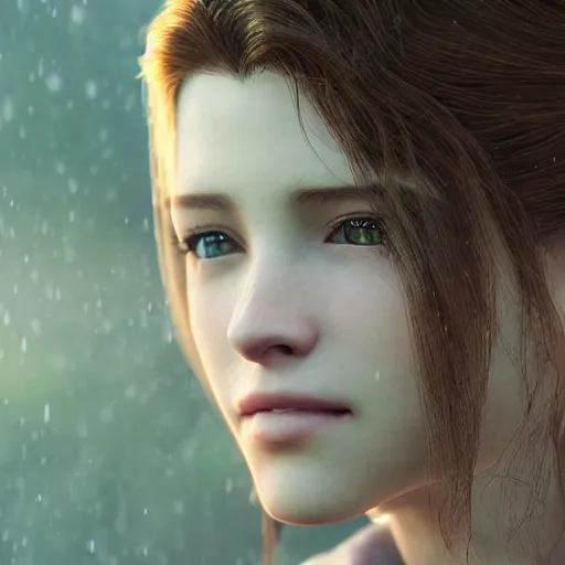 Prompt: Beautiful Aerith Gainsborough in real life, face centered portrait, Confident, fog, rain, volumetric lighting, beautiful, golden hour, sharp focus, ultra detailed, cgsociety by Leesha Hannigan, Ross Tran, Thierry Doizon, Kai Carpenter, Ignacio Fernández Ríos _C 9.5