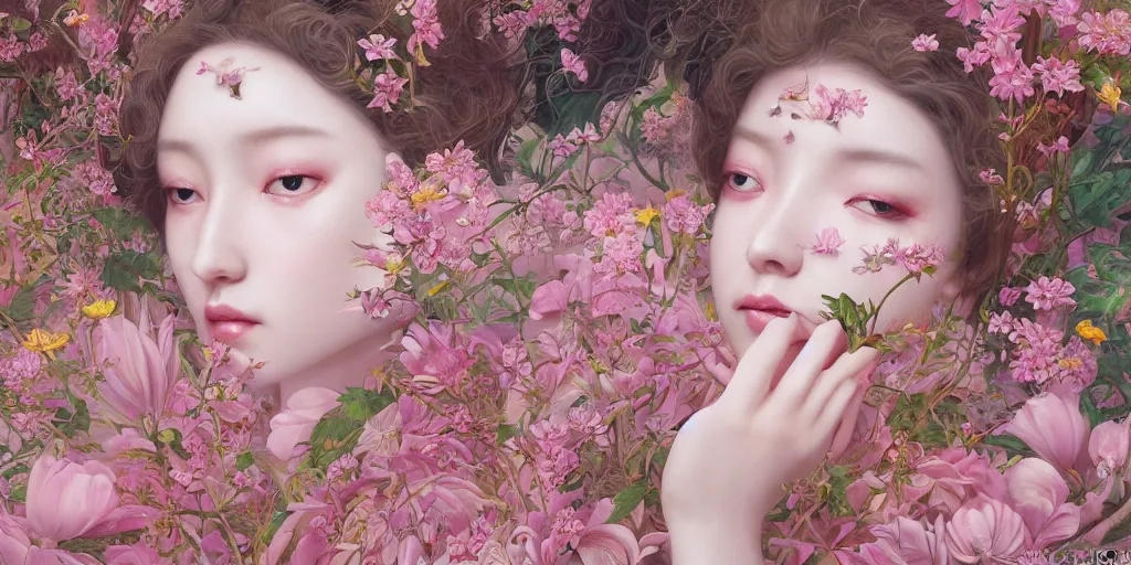 Image similar to breathtaking detailed weird concept art painting of the goddess of light pink flowers, orthodox saint, with anxious, piercing eyes, ornate background, amalgamation of leaves and flowers, by Hsiao-Ron Cheng, James jean, Miho Hirano, Hayao Miyazaki, extremely moody lighting, 8K