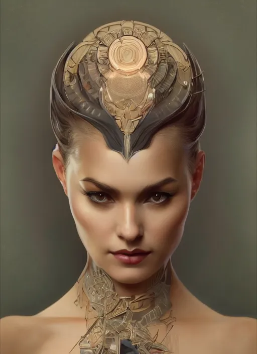 Image similar to symmetry!! pinup, machine parts embedded into face, intricate, elegant, highly detailed, digital painting, artstation, concept art, smooth, sharp focus, illustration, art by artgerm and greg rutkowski and alphonse mucha, 8 k