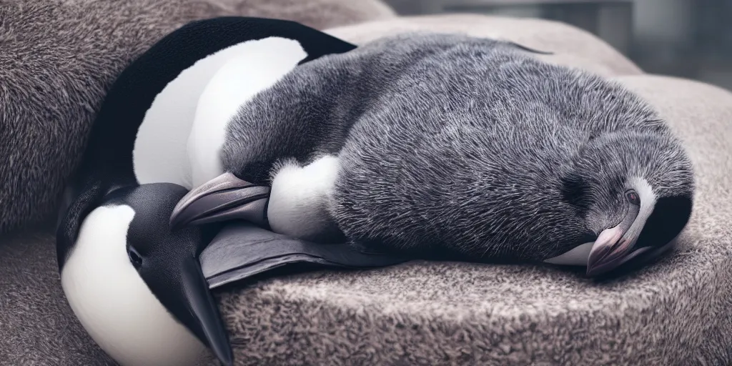 Prompt: cute penguin sleeping in an oversized fluffy bed, unreal 5, DAZ, hyperrealistic, octane render, cosplay, RPG portrait, dynamic lighting, intricate detail, summer vibrancy, cinematic