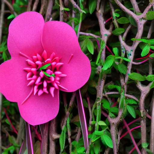 Image similar to studio photograph of a thin green vine creature with vine limbs and a pink blooming flower mouth with many sharp teeth