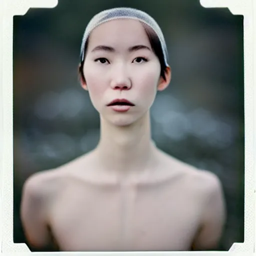 Image similar to a instax photo of fuji mountain, a tall japanese girl in a transparent sheer fabric dress against the background of fuji mountain, perfect faces, fine details, severe snow, full body shot, perfect symmetrical body, coherent symmetrical eyes, by peter kemp, by monia merlo, hyperrealistic, hyperdetailed, octane render, 8 k