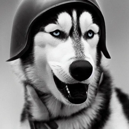 Image similar to close up of a husky wearing soldier helmet in the battle, ww 2 historical photography, black & white