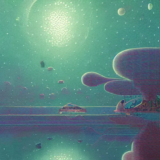 Prompt: an Astronaut floating in fantasy serene space, oil dotwork by Simon Stålenhag.