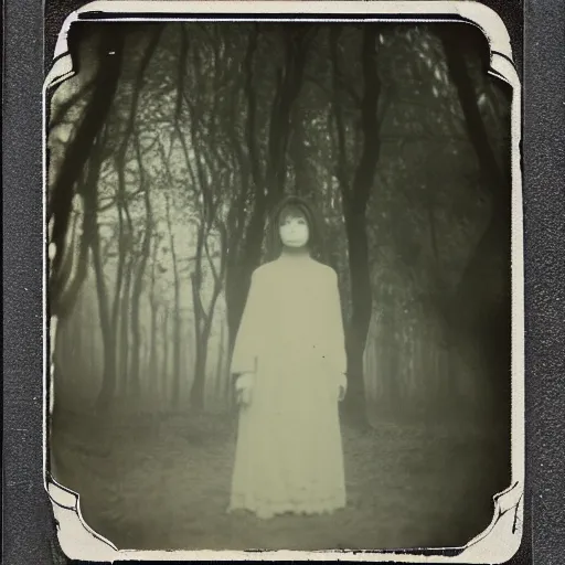 Image similar to an ancient evil-girl on a mysterious fractal forest, mist, 1910 polaroid photography, Black and white