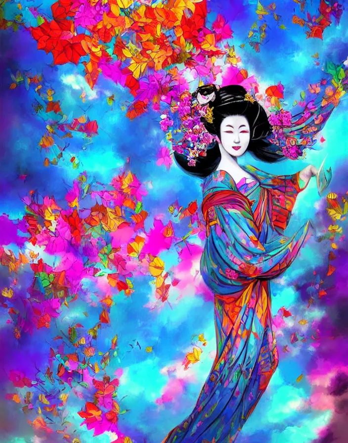 Image similar to semi semi realistic digital painting!! beautiful geisha flying over a colorful city, dramatic, xray melting colors!!