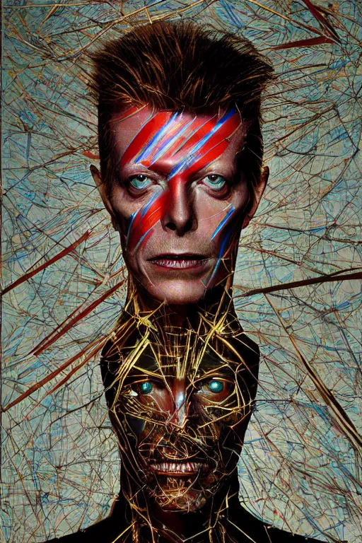 Image similar to portrait of david bowie cyborg, kintsugi, modern fine art, fractal, intricate, elegant, highly detailed, digital photography, subsurface scattering, by jheronimus bosch and basquiat and greg rutkowski,