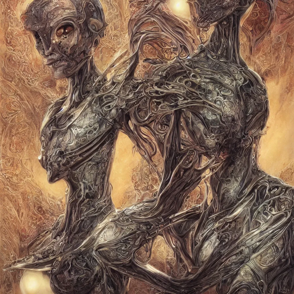 Prompt: beautiful and exotic alien queen body portrait, glowering judging eyes, art nouveau declotage, perfect symmetrical facial features, hyperrrealistic bone structure, extremely hyperdetailed, mixed media painting, unreal engine, 8 k, octane, 8 mm, by travis charest, rodney matthews, olivia de bernardinis