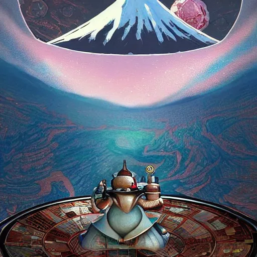 Image similar to On the morning of the robot queen's coronation, The Mekanik Doll, chubby moss kitten, Mount Fuji seen from the International Space Station, the theme of Alice in Wonderland, digital painting, concept art, illustration, deep dark, artstation, intricate, beautiful and thematically complex, ue5, by Dylan Kowalski and deiv calviz