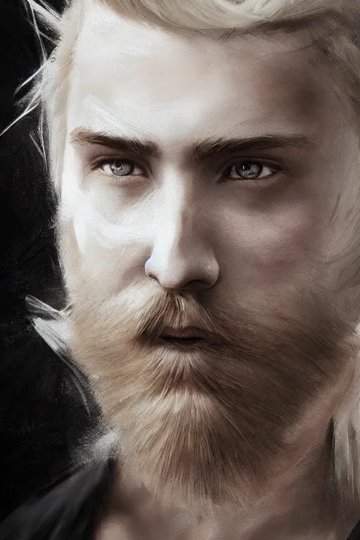 Image similar to blonde wild hair beard man, black eye - patch, close - up portrait, plain white tshirt, powerfull, intricate, elegant, volumetric lighting, scenery, digital painting, highly detailed, artstation, sharp focus, illustration, concept art, ruan jia, steve mccurry