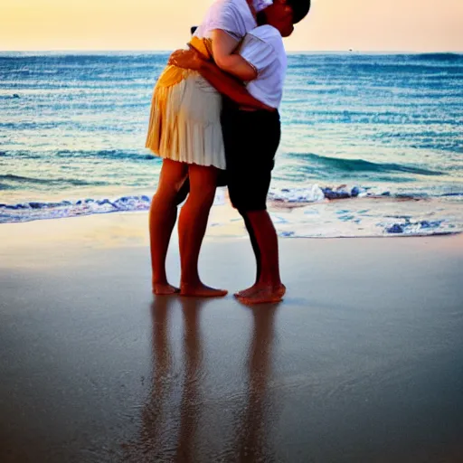 Prompt: happy couple embracing on the beach, woman's feet in the air, long shot