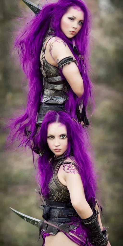 Prompt: beautiful female warrior with long purple hair and katana