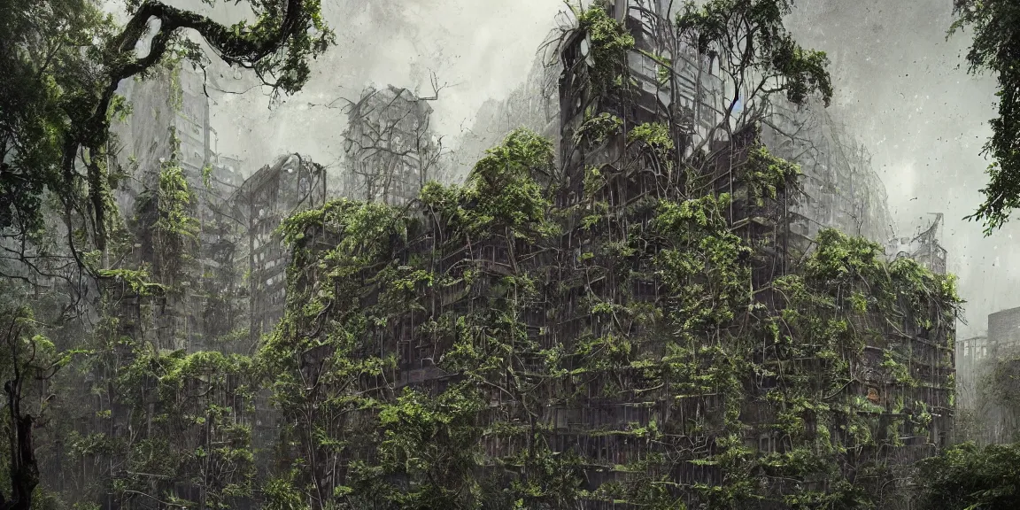 Prompt: An overgrown, swampy New York Ciy. Buildings covered in vines, gigantic trees from the ground. Trees such as Ailanthus. Crumbled ruins of skyscrapers and other buildings in a post-apocalyptic world. Life after People. Trending on Artstation, deviantart, worth1000. By Greg Rutkowski. National Geographic and iNaturalist HD photographs