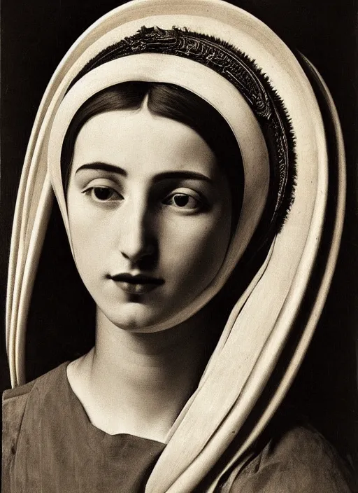 Image similar to portrait of young woman in renaissance dress and renaissance headdress, art by edward weston