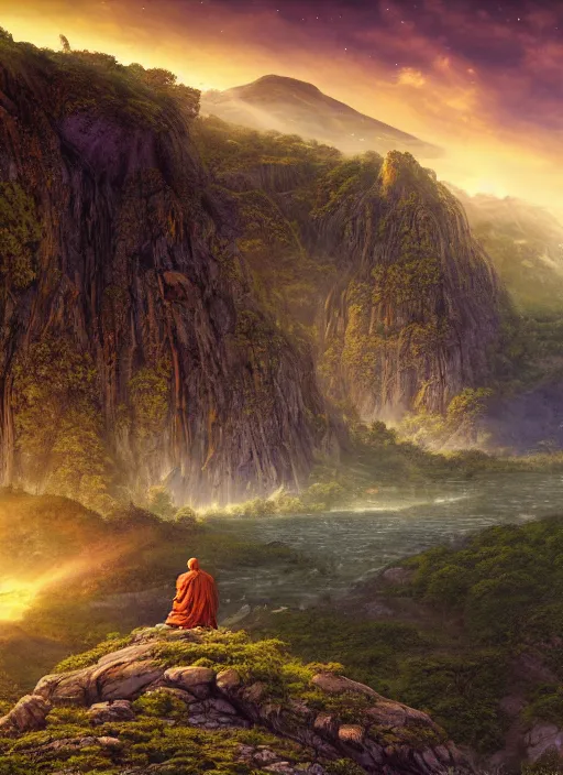 Image similar to a cosmic monk in lord of the rings scenery landscape, looking out at a big tiberian temple complex on a mountain, vast lush valley at sunrise, river, god's rays, highly detailed, vivid color, cinematic lighting, perfect composition, 8 k, gustave dore, derek zabrocki, greg rutkowski, belsinski, octane render