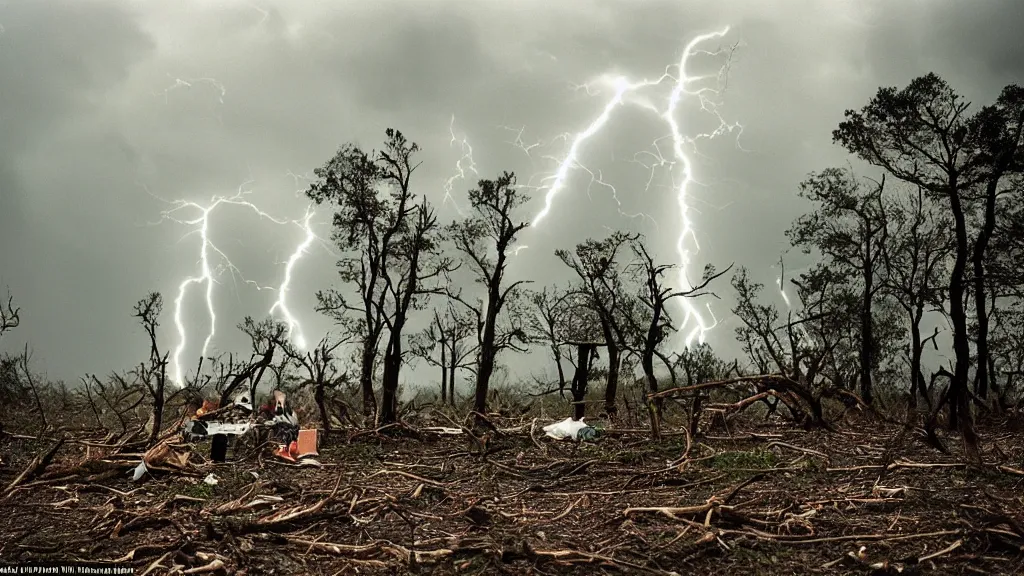 Image similar to a vision of climate change catastrophe, dark clouds, lightning, tornado, hails, hurricane winds, floods, as seen by a couple having picnic in a park with a forest of dead trees, moody, dark and eerie large-format photography