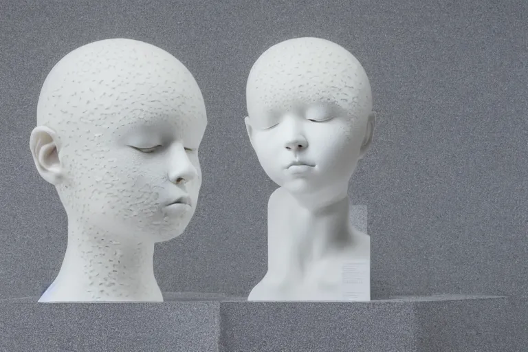 Prompt: full head and shoulders, beautiful female white, porcelain sculpture by daniel arsham and james jean, on a white background, delicate facial features, white eyes, white lashes, lots of 3 d perspex spheres attached to head with gold liquid flowing