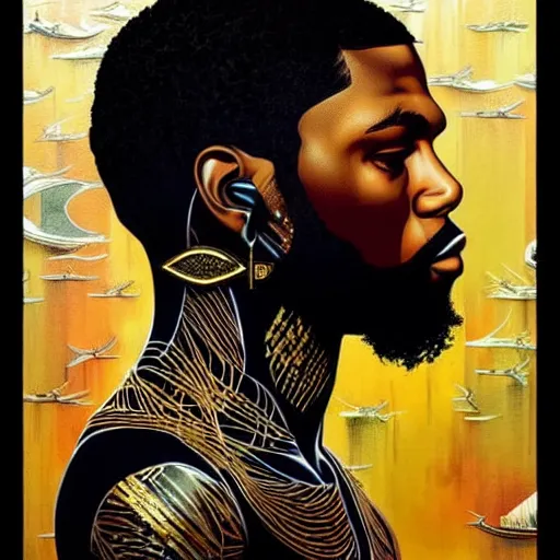 Prompt: side profile of a black man :: in ocean intricate details :: gold :: dark and horror :: by vikings and Sandra Chevrier