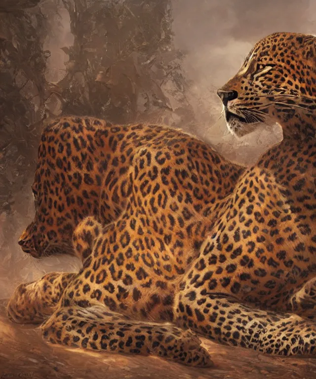 Image similar to a ultradetailed painting of the empress of leopards by greg rutkowski and karol bak, volumetric lighting, symmetrical features, 4 k