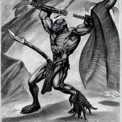 Image similar to dog-faced muscular goblin, lizard tail, holding scimitar made of bone, drawn by Frank Frazetta