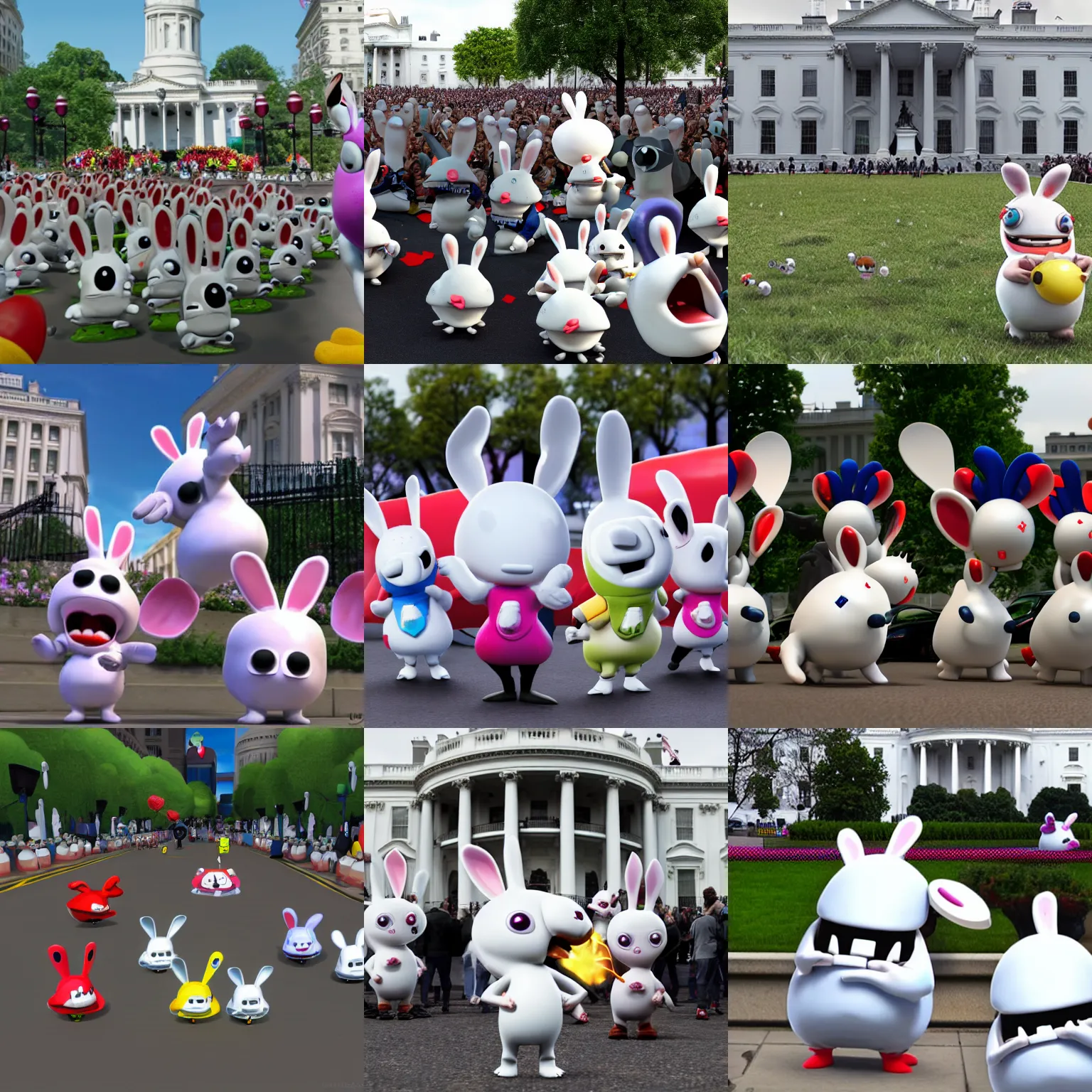 Prompt: rabbids crowding outside the whitehouse, rayman raving rabbids