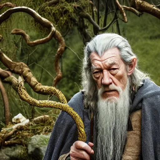 Prompt: the evil ian mckellen as gandalf in a dark viking hood playing odin all father crafting the plant of life with vines, the ethereal colourful universe in the background, highly detailed, cinematic shot, cinematic lighting, 8 k, exquisit facial detail, magical realism painting, chiaroscuro, dark painting.