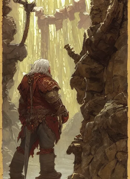 Image similar to Hulgen the dwarf. A humble dwarven stone mason completes the great gate of kings. Fantasy concept art. Moody Epic painting by James Gurney, and Alphonso Mucha. ArtstationHQ. painting with Vivid color. (Dragon age, witcher 3, lotr)