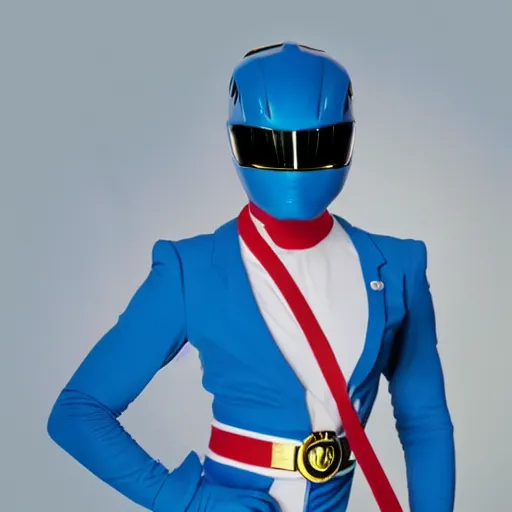 Prompt: a photograph of a power Ranger wearing a dolphin themed blue and white suit, 80s aesthetic