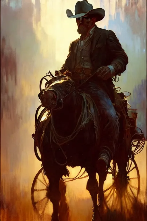 Image similar to hyperrealist portrait of a cowboy driving a stage coach by jeremy mann and alphonse mucha, fantasy art, photo realistic, dynamic lighting, artstation, poster, volumetric lighting, very detailed faces, 4 k, award winning