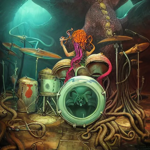Image similar to dystopian fantasy undersea rock concert. On stage, the drummer is Cthulhu squid woman with tentacles playing a big rock&roll drum kit, by Philipp A. Urlich and Pengzhen Zhang an Andreas Rocha, fantasy, intricate, elegant, highly detailed, digital painting, artstation, blender, unreal engine 5, octane render, smooth, sharp focus, illustration