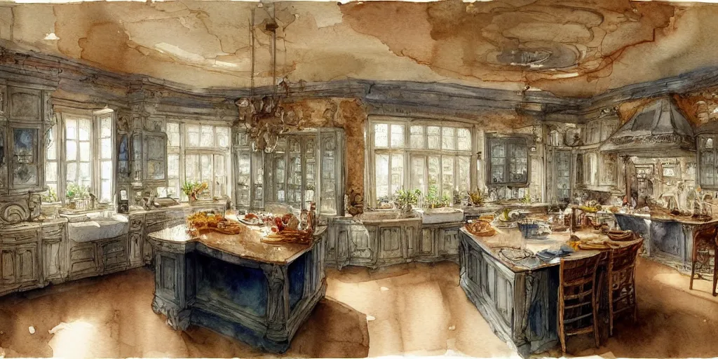 Image similar to a hiper intricate watercolor of a beatiful kitchen, extremely detailed, sharp focus, wide view, smooth, digital illustration, colorfull, by william turner art, by greg rutowski