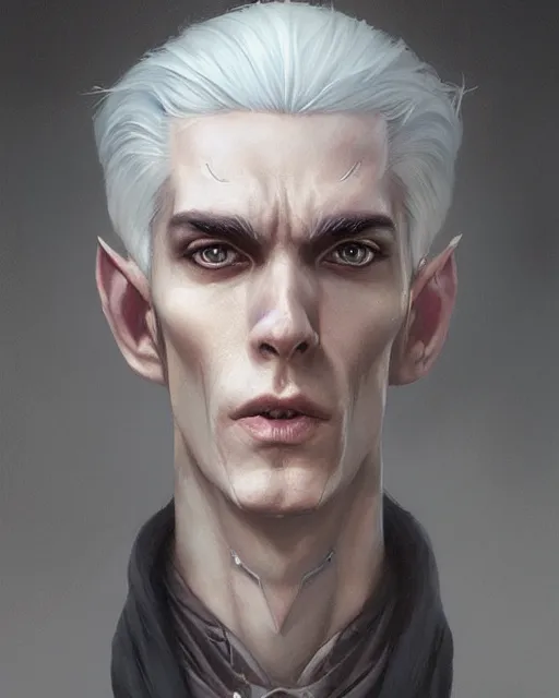 Image similar to character portrait of a slender half - elven man with white hair, by greg rutkowski, mark brookes, jim burns, tom bagshaw, trending on artstation