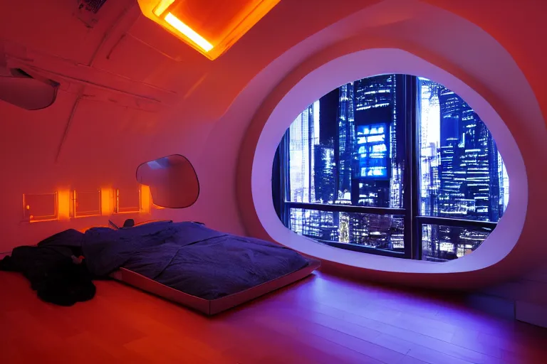 Image similar to a futuristic bedroom with large curved ceiling high windows looking out to a far future cyberpunk cityscape, cyberpunk neon lights, raining, scifi