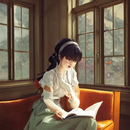 Image similar to a young woman in maid uniform reading a book by Stanley Artgerm Lau, WLOP, Rossdraws, Guweiz, Marc Simonetti, Studio Ghibli, krenz cushart, pixiv, background by James Jean and gustav klimt and John Marshall Gamble, 4k, volumetric lighting, french nouveau, trending on artstation, octane render, hyperrealistic